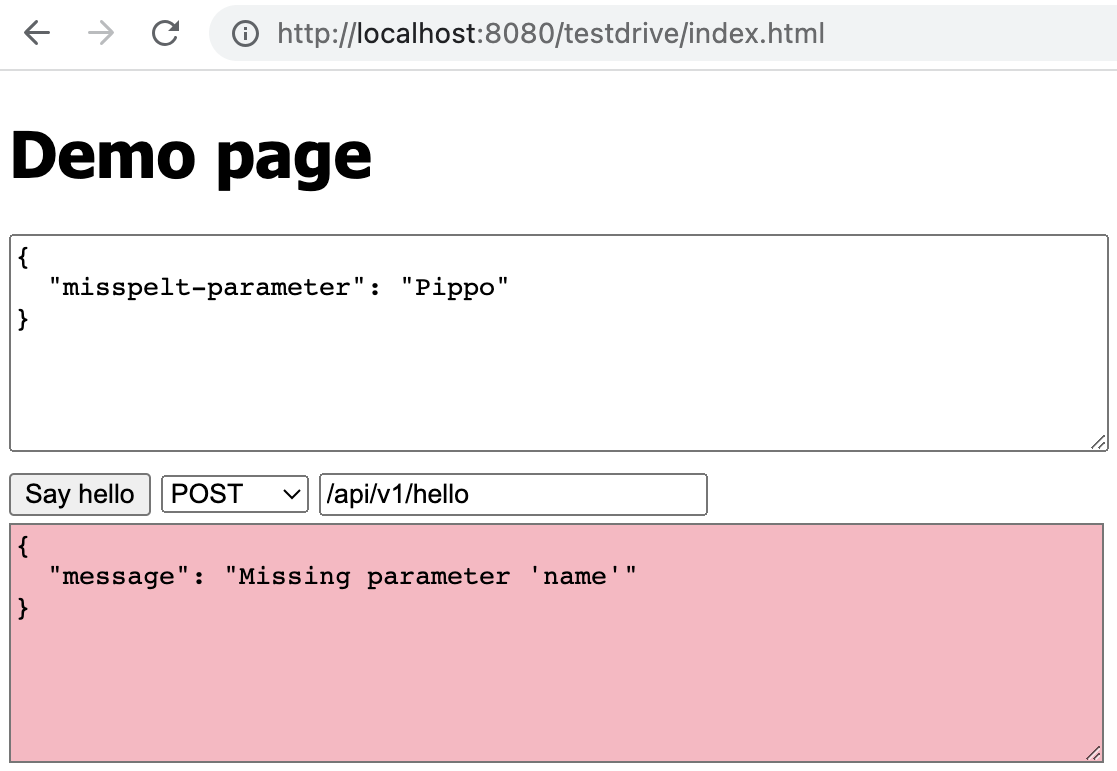 A screenshot of the same UI, showing an error response colored in pink, because of a missing parameter